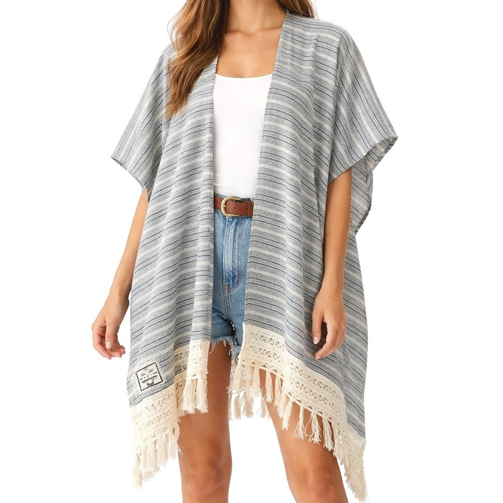 Finns Fickle Goods Handmade Upcycled Striped Kimono Wrap Fringe Crochet Blue OS‎
